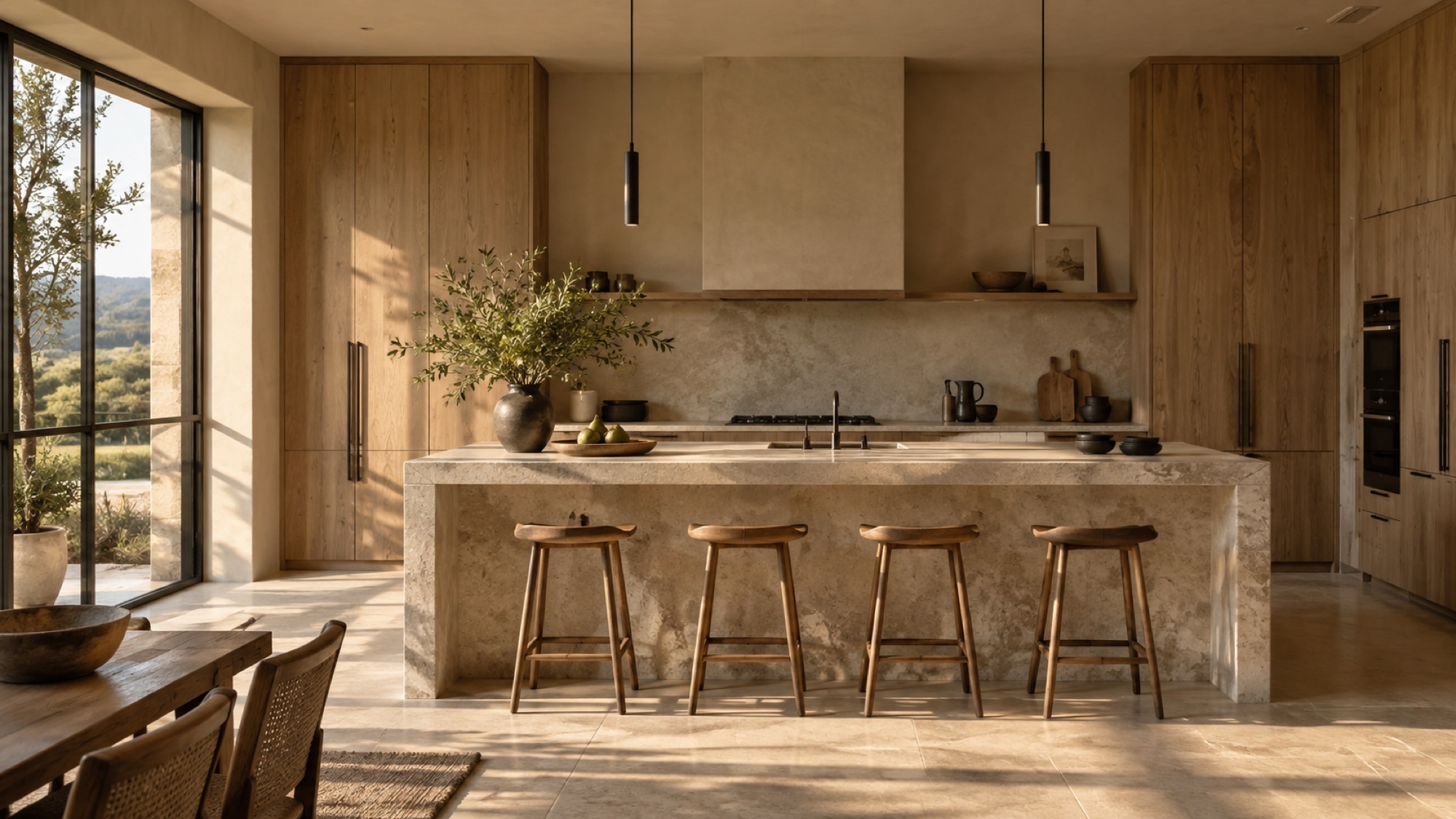 Design inspiration: oak kitchen cabinets and a sculptural stone island
