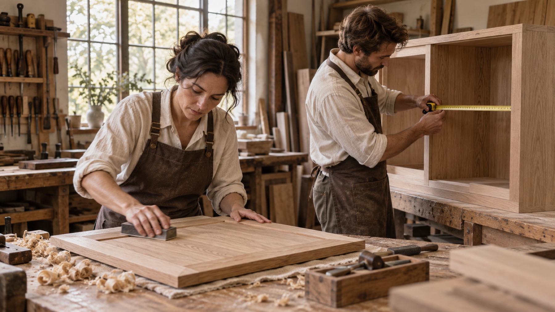 Illustrative scene of craftspeople measuring and hand-finishing oak cabinetry in a workshop